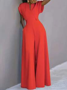 Bộ jumpsuit nữ màu trơn, dáng rộng, có túi, thích hợp mặc hàng ngày, công sở và đi nghỉ mát, kiểu dáng thanh lịch mùa xuân/hè. - Đỏ - Xem 3