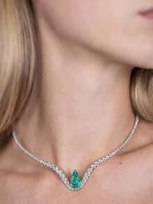 1 Pc Silver Green Emerald Choker Necklace For Women Rhinestone Prom Silver Necklace Jewelry For Bridal Wedding Accessories - Bạc - Xem 1