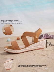 女士时尚草编透气休闲度假坡跟凉鞋 - 摩卡棕 - 查看 16