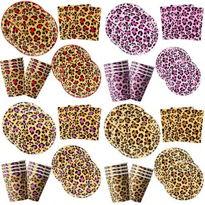 50件套豹纹餐盘、餐巾纸和杯子，猎豹纹派对装饰餐具，动物豹纹主题，适用于生日派对、迎婴派对、丛林主题派对用品，四种选择