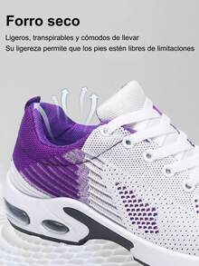 Casual de malla transpirable colchón de aire Zapatillas de deporte para mujer, de moda ligera con cordones de color sólido sandalias planas, adecuado para el diario de viajes, viajar y correr. - Morado - Ver 10