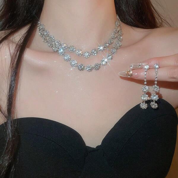 2pcs Sparkling Luxury Rhinestone Flower Double-Layer Round Stud Earrings & Necklace Set, Suitable For Party, Banquet Formal Wear