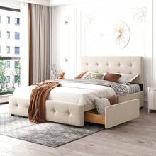 Cama estofada 140 x 200, cama de casal com gavetas, estrado e cabeceira, cama de casal macia ao toque em tecido aveludado para adultos e jovens, bege (colchão não incluído) - Bege + Estofado - Ver 12