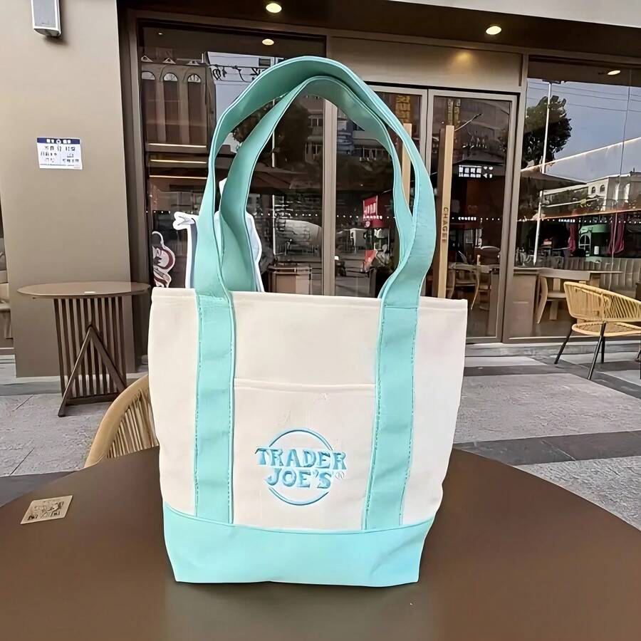 Trader Joes Canvas Tote Bag,Canvas Book Tote Bag For Women, Book Lover Gifts, Reusable Grocery Bag With Inner Pocket,Halloween Christmas Shopping Bag Valentine's Day - 綠色 - 查看 1