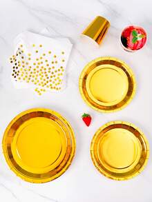 1 Set Gold Disposable Plates, Napkins, Cups, Serves 8 Guests, Disposable Paper Plates Party Supplies Suitable For Birthday, Wedding, Theme Party, Family Picnic - Multicolor - View 5