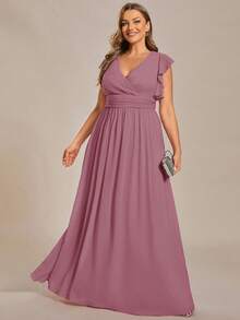 Gaun Bridesmaid Berkerah V, Warna Polos, Pinggang Tinggi, Berlipit, Warna Pink, untuk Pesta Pernikahan Musim Semi/Panas - Dusty Pink - View 4