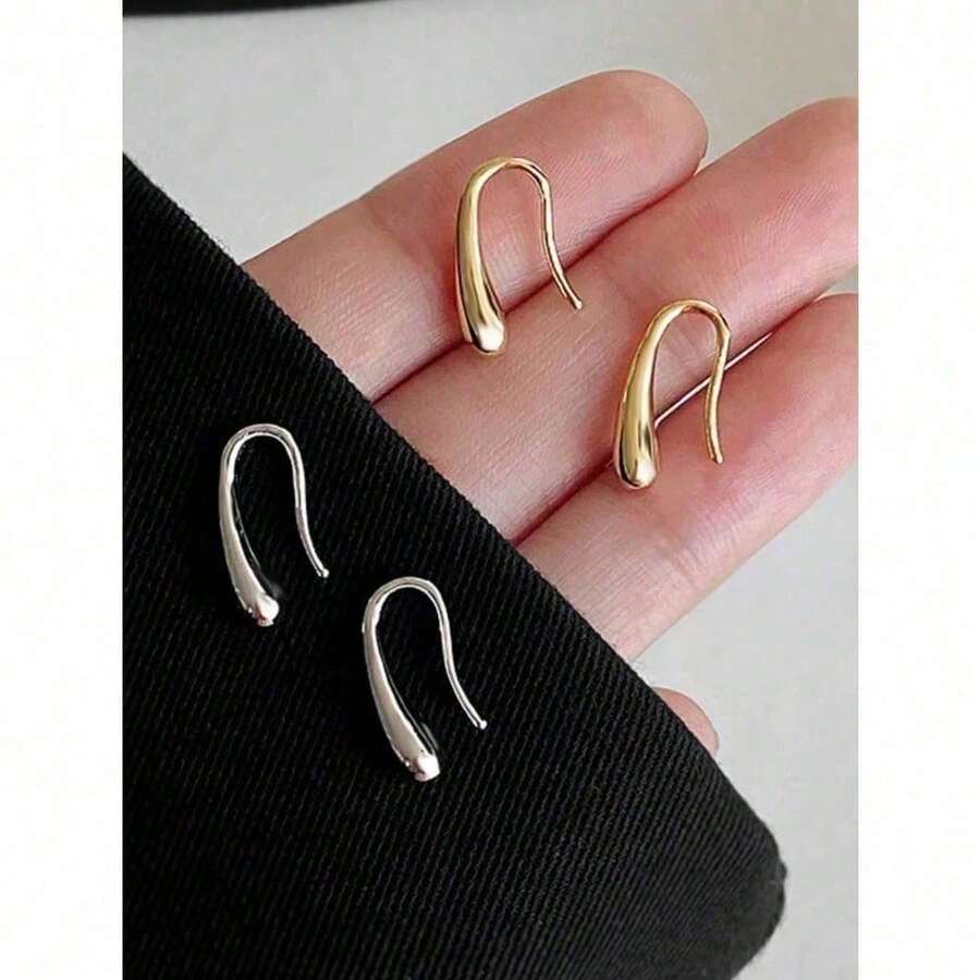1pair Simple & Compact Earrings, High-Quality Gold-Plated Copper Ear Hooks, Suitable For Women's Daily Casual Wear - 簡約風格耳鉤 - 查看 1