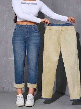 กางเกงขายาวทรงตรงบุผ้าสำลีกันหนาวสำหรับสตรีอวบ - เอวปานกลางให้ความอบอุ่นในฤดูหนาวและสไตล์ลำลอง