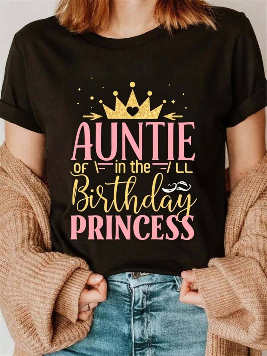 Camiseta Gráfica "Tía de la Princesa de Cumpleaños" para Mujeres y Unisex - Conjunto Divertido para Fiestas de Cumpleaños, Cómoda Camiseta de Cuello Redondo 180gsm para Celebraciones Familiares, Uso Casual () - Tía Divertida y para Todo el Año