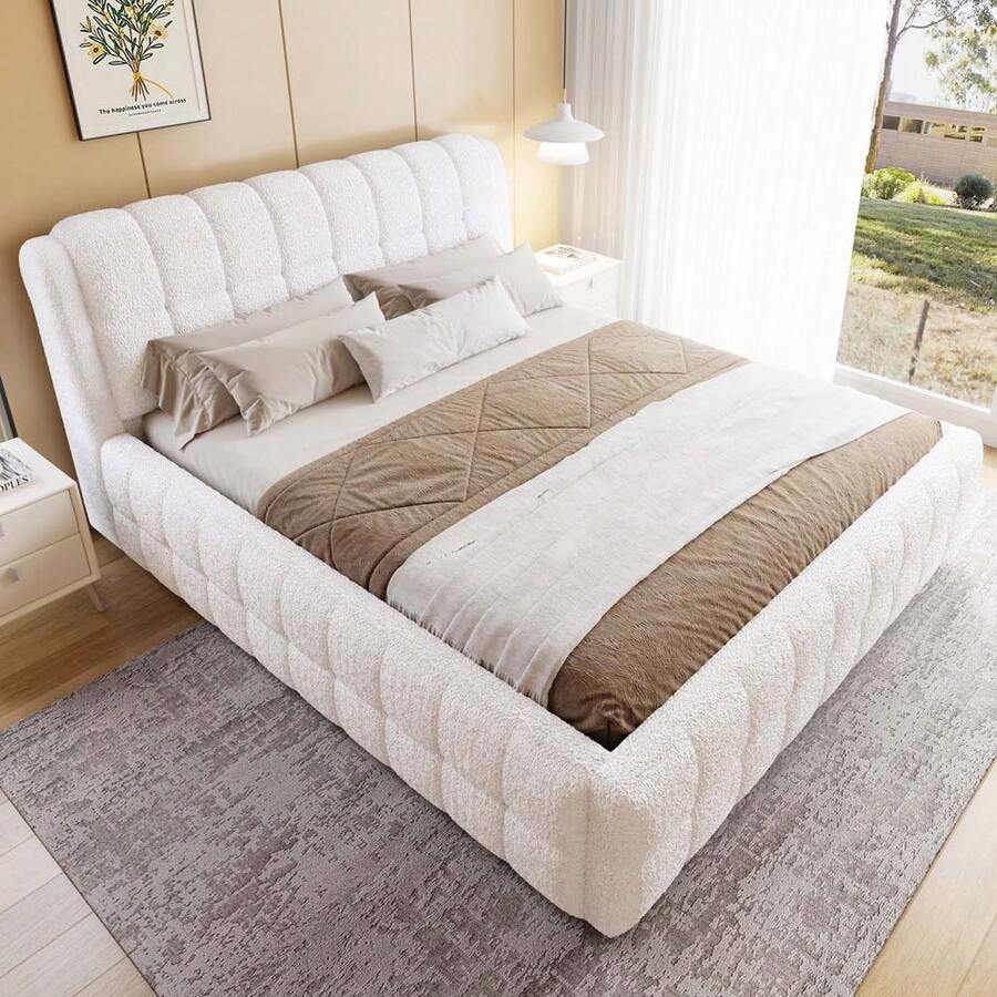 MERAX King Size Upholstered Platform Bed, White - 白色-1 - 查看 1