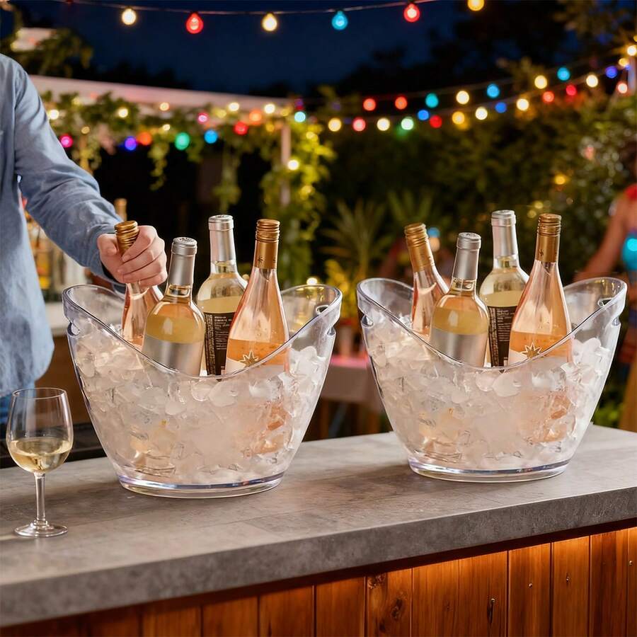 2pcs-Transparent Ice Bucket With Handle & Servings Tongs - Stylish, Portable Beverage Chiller For Parties & Events