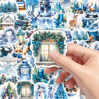 50pcs Winter Snowman Stickers, Cute Blue Aesthetic Decals For Mirror, Car, Envelope, Graffiti, Suitable For Winter