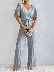 Plus Size V-Neck Short Sleeve Loose Jumpsuit, Casual Outfit For Outing