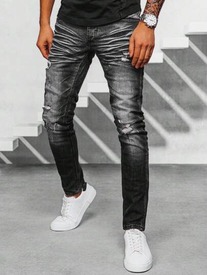 Heren slim-fit jeans met distressed en gescheurde details, elastische slim fit, knoopsluiting, stijlvolle five-pocket jeans, perfect geschikt voor dagelijks gebruik en in de stad.