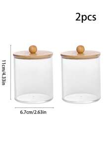 4pcs Accessories With Bamboo Cover Dispensor Holder For Swab, Round Pad, Dental Flosser, Etc. - 10oz Clear Plastic Dispensing Jars Packaging Set For Bathroom/Kitchen Vanity Storage Organizer