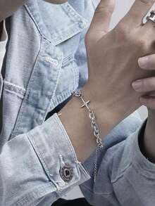 1 件深色哥特式十字架手链，简约钛钢防水不褪色高端男士手链 - 手鍊 - 查看 10