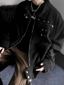 Gridborn Men Denim Jacket Vintage High Street Black Cotton Oversized Zip Front - 黑色 - 查看 3