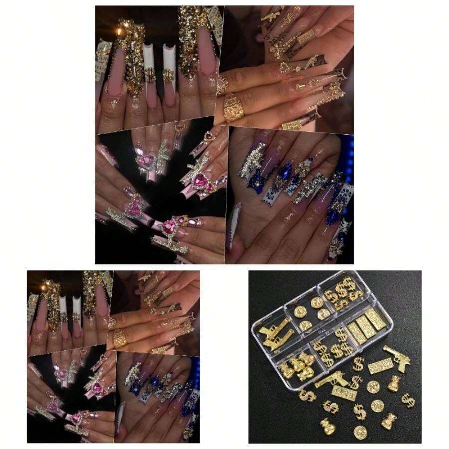 25PCS 3D Gold Nail Charms Alloy Nails, Set Nail Art Decoration With Cron, Dollar, Gun Nail Stones Nail Jewels Accessories Nail Art Supplies Manicure Set 1 - SET1 - 查看 1