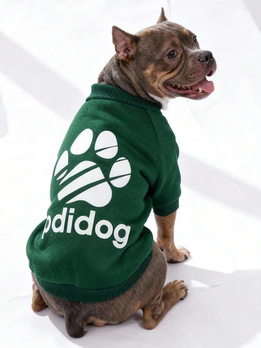 LUCKIE LABO 1pc Solid Olive Green Pdidog Slogan Paw Print Graphic Polyester Hoodie Sweatshirt, Flea Resistant, Shed Reducing, Warm & Breathable For Indoor/Outdoor Small Pets (Cats & Dogs)