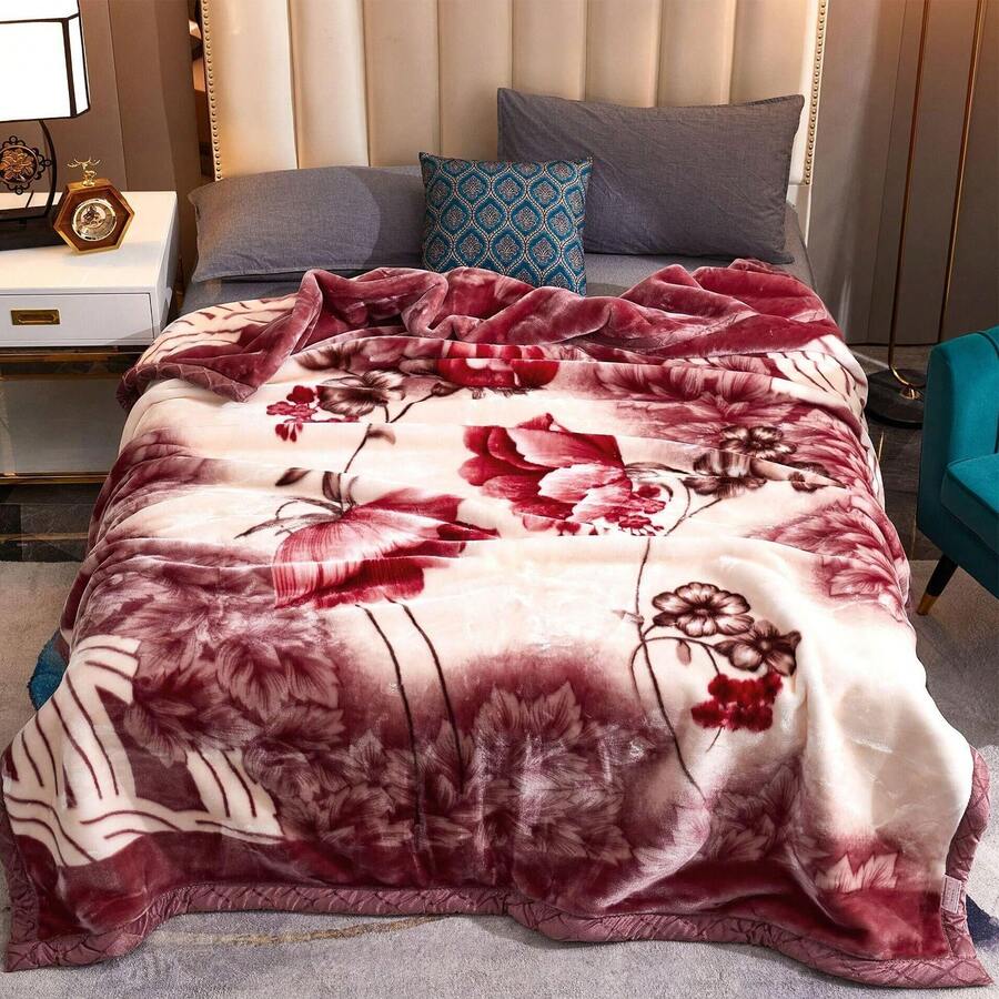 2-Ply Thick Sof Reversible Fleece Blanket Korean Plush Warm Blanket 4.4/6.6/7.7 LB For Winter Autumn Spring Summer Floral Heavy Blanket - Màu Đỏ Sâu - Xem 1