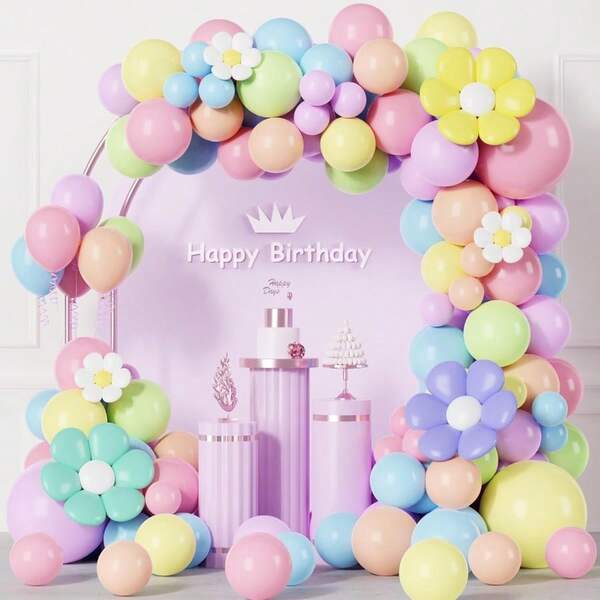 140PCS Pastel Balloon Garland Arch Kit Assorted Macaron Pastel Rainbow Balloons Garland Kit With Daisy Flower Foil Balloon Multicolor Latex Balloons For Baby Shower Birthday Wedding Party Decoration