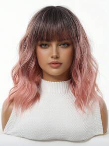 14 Inch Ombre Pink Bobo Wig, Women's Curly Wavy Wig With Bangs, Short Heat Resistant Synthetic Wig, Suitable For Party Costumes And Daily Wear, Vibrant Colors - Pink Ombre - View 3