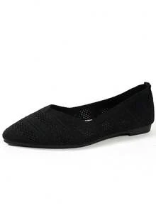 优雅女士平底鞋，尖头平底鞋，黑色、米色、浅蓝色、海军蓝可选；针织休闲芭蕾平底鞋；舒适套脚乐福鞋；波西米亚风平底凉鞋；大码夏季透气网面休闲步行鞋；纯色套脚平底鞋 - 黑色 - 查看 5