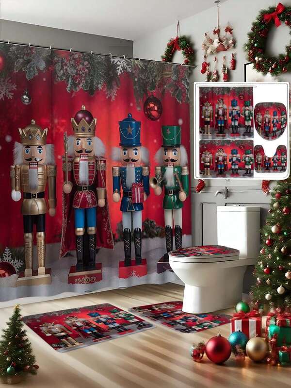 1/4 Pcs Vibrant Color Toy Soldier Shower Curtain, Christmas & Halloween Decor, Polyester Bathroom Set With 12 Hooks, Bathroom Non-Slip Mat, U-Shaped Toilet Seat Cover, Home Decor