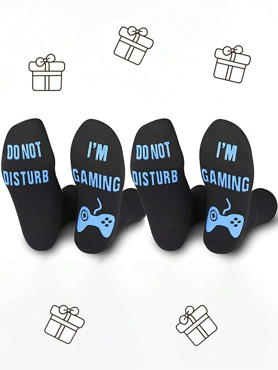 2 Pairs Of Men's Gift Socks, Floor Socks, Anti Slip Socks, Mid Tube Socks, With The Letters "I'm Gaming, Don't Disturb", Funny Socks For Brother And Friend - Black - View 1