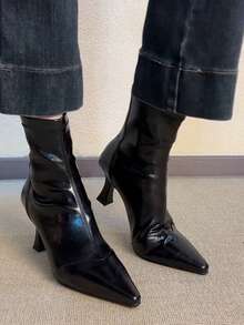 2025秋冬新款时尚女式高跟踝靴，法式复古尖头皮革拼接细高跟高端修身靴，后拉链优雅百搭踝靴 - 黑色 - 查看 2