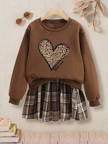 Toddler Girls' Heart Print Long Sleeve Top And Plaid Skirt Set - Coffee Brown - View 1