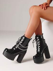 Y2K Gothic Platform Ankle Boots For Women Fashion Block Chunky High Heels Punk Chain Decoration Lace-Up Side Zipper Party Cosplay Boots Woman - Bằng sáng chế đen - Xem 4