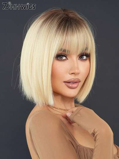 7JHH WIGS 12 Inch Short Straight Ombre Blonde Wig For Women - Gorgeous Fluffy Golden Bob Wig With Bangs Dark Roots, Premium Silky Synthetic Heat Resistant Fiber Full Machine Hair Wig For Daily Wear, Music Festivals Celebrations & Streetwear Special Use, Party Wigs Accessory