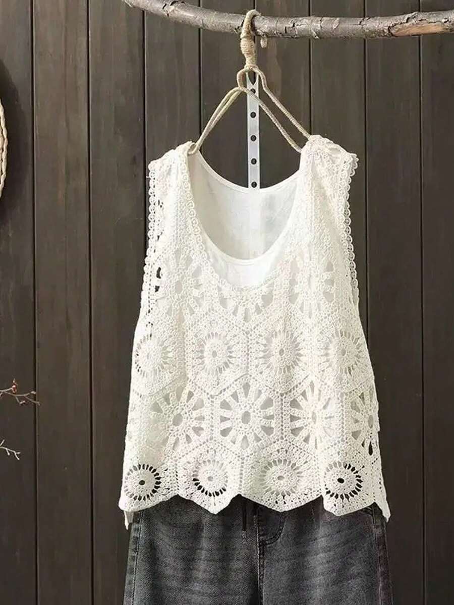 女士时尚黑色镂空钩编不对称下摆无袖宽松休闲针织毛衣上衣 白色 - 白色 - 查看 1