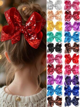 1pc 6-Inch Shiny Sequin Big Bow Hair Clip, Girls Festival Stage Performance Headpiece, Glittery Children's Accessory, Solid Color Girls Beaded Hair Clip