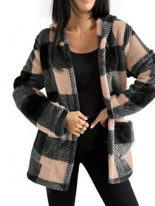 Vaiaye 女士休闲保暖时尚毛绒格子长袖连帽夹克适合通勤穿着