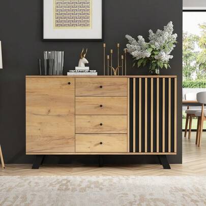 Living Room Sideboard 120x38x75 Cm, Open Design With 4 Drawers And 2 Closed Compartments, Wide 120 Cm Chest Of Drawers, 5 Solid Wood Legs, Wood Finish, Versatile Use
