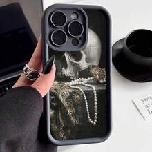 Cubierta de telefono con diseño de calavera y perlas negra para iPhone 14 Pro Max estilo gótico elegante para uso diario y ocasiones especiales - Burdeos - Ver 1