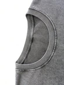 Retro Washed T-Shirt Double Sided Printed (230 Pure Cotton T-Shirt) 'Cat In The Flowers'  Cat And Flowers Pattern Print, Mens TShirt, Mens Shirt Casual, Comfortable, Fashionable T-Shirt, Street Style Cotton - Xám - Xem 2