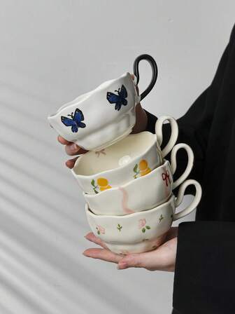 1pc French Ins Style Asymmetrical Ceramic Coffee Mug, Hand-Painted Underglaze Butterfly Flower & Bow Design Mug, Suitable For Home Breakfast, Office Afternoon Tea, Latte, Juice, Couple Water Cup, Holiday Gift