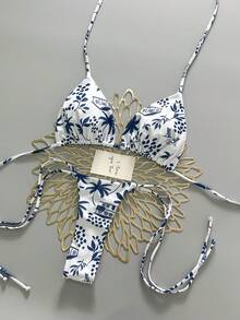 2pcs Bohemian Floral Print Tie-Up Braided Bikini Swimsuit, Casual, Cute, Elegant, Sexy, Beach Vacation, Spring/Summer - Blue - View 1