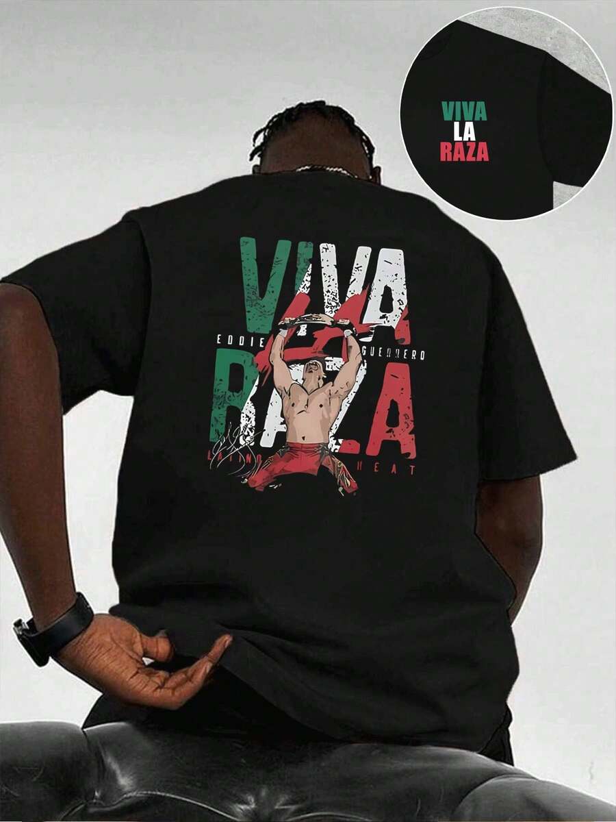 Maglietta da wrestler latino Viva Raza, 100% cotone, scollo tondo, vestibilità ampia, comoda, stampa grafica unica, stampa fronte-retro. - nero - Visualizzare 1