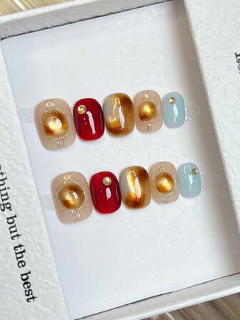 10ชิ้น เล็บทำมือ ทรงสี่เหลี่ยม/กลม เล็บอะคริลิคแบบกด สั้น, มินิมอล นู้ดชมพู, ฟ้า, เล็บสีแดง, น้ำตาลทอง ไล่ระดับสีวิบวับ แคทอาย, เส้นไม่สม่ำเสมอ ประดับไข่มุก, เล็บฤดูใบไม้ร่วง, หรูหรา เรียบง่าย สง่างาม ทำด้วยมือ เล็บปลอมสำหรับฤดูใบไม้ร่วง, สไตล์โมเดิร์น, เล็บอเนกประสงค์ DIY เล็บปลอมสำหรับงานปาร์ตี้ ใช้ได้ทุกวันและออกเดท เหมาะสำหรับพักผ่อนที่ชายหาด เขตร้อน นำกลับมาใช้ใหม่ได้, สำหรับผู้หญิงและเด็กผู้หญิง เป็นของขวัญ อุปกรณ์ทำเล็บ