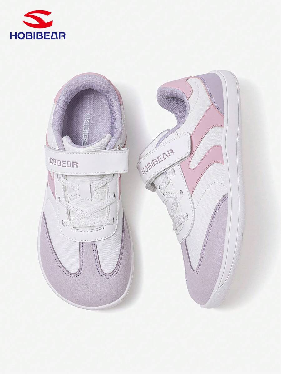 HOBIBEAR 儿童运动鞋，男女童通用，魔术贴宽楦设计，舒适透气平底鞋，简约橡胶鞋底，防滑耐磨，零落差网面赤足鞋，适合秋季穿着。 - 紫色和白色 - 查看 1