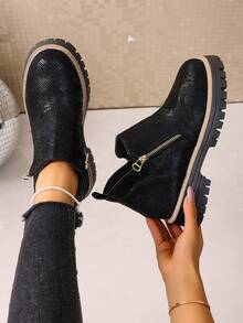 女士踝靴，女鞋冬靴，女士平底鞋，新款踝靴，女士拉链鞋 - 黑色 - 查看 8