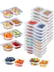 20pcs Portable Dual Compartment Condiment Containers - Reusable Plastic Sauce And Dip Trays, Multi-Function Dip Cups With Lids, Salad Sauce Take-Out Containers, Seasoning Boxes With Dual Compartments, Dual Compartment Snack Containers For Take-Out Sauces, Back To School, Halloween, Travel Snacks And Sauces, Beach Snacks, Christmas, Halloween, Mother's Day, 4th Of July, Parties, Birthday Parties, Gatherings