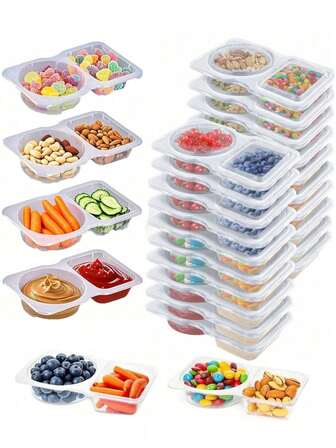 20pcs Portable Dual Compartment Condiment Containers - Reusable Plastic Sauce And Dip Trays, Multi-Function Dip Cups With Lids, Salad Sauce Take-Out Containers, Seasoning Boxes With Dual Compartments, Dual Compartment Snack Containers For Take-Out Sauces, Back To School, Halloween, Travel Snacks And Sauces, Beach Snacks, Christmas, Halloween, Mother's Day, 4th Of July, Parties, Birthday Parties, Gatherings