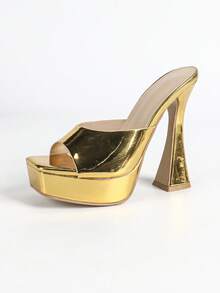 Sandalias de tacón alto con plataforma y decoración de strass, modelo de pasarela, cómodas, para atuendos de primavera y verano - Dorado - Ver 8