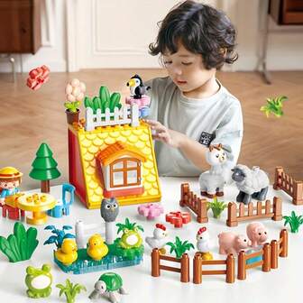 快乐牧场65片装大颗粒农场积木套装，包含动物、房屋和围栏——适合3岁以上儿童的益智角色扮演玩具
