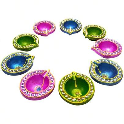 ® Handmade Terracotta Diya Set Of 9 Multicolour Clay Oil Lamps For Pooja Diwali And Festival Decoration  Mitti Deepak 2.5 * 2.1 * 1 Inch